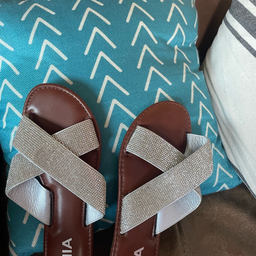 MIA Metallic Silver Crisscross Slide Sandals